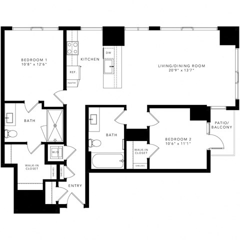 floor plan with 2 bedroom, 2 bathroom, kitchen, and living/dining room